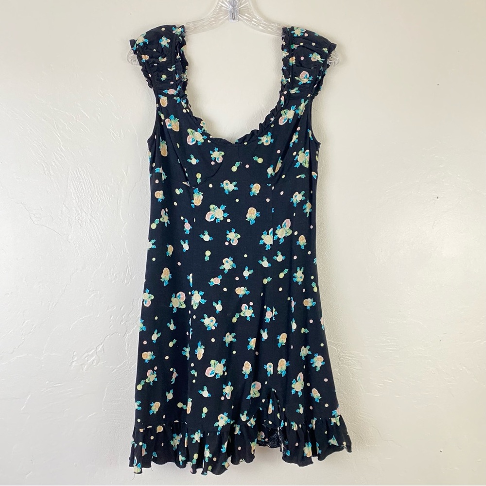 Free People Size Small Black & Yellow Floral Paisley Milkmaid Cap Sleeve Dress